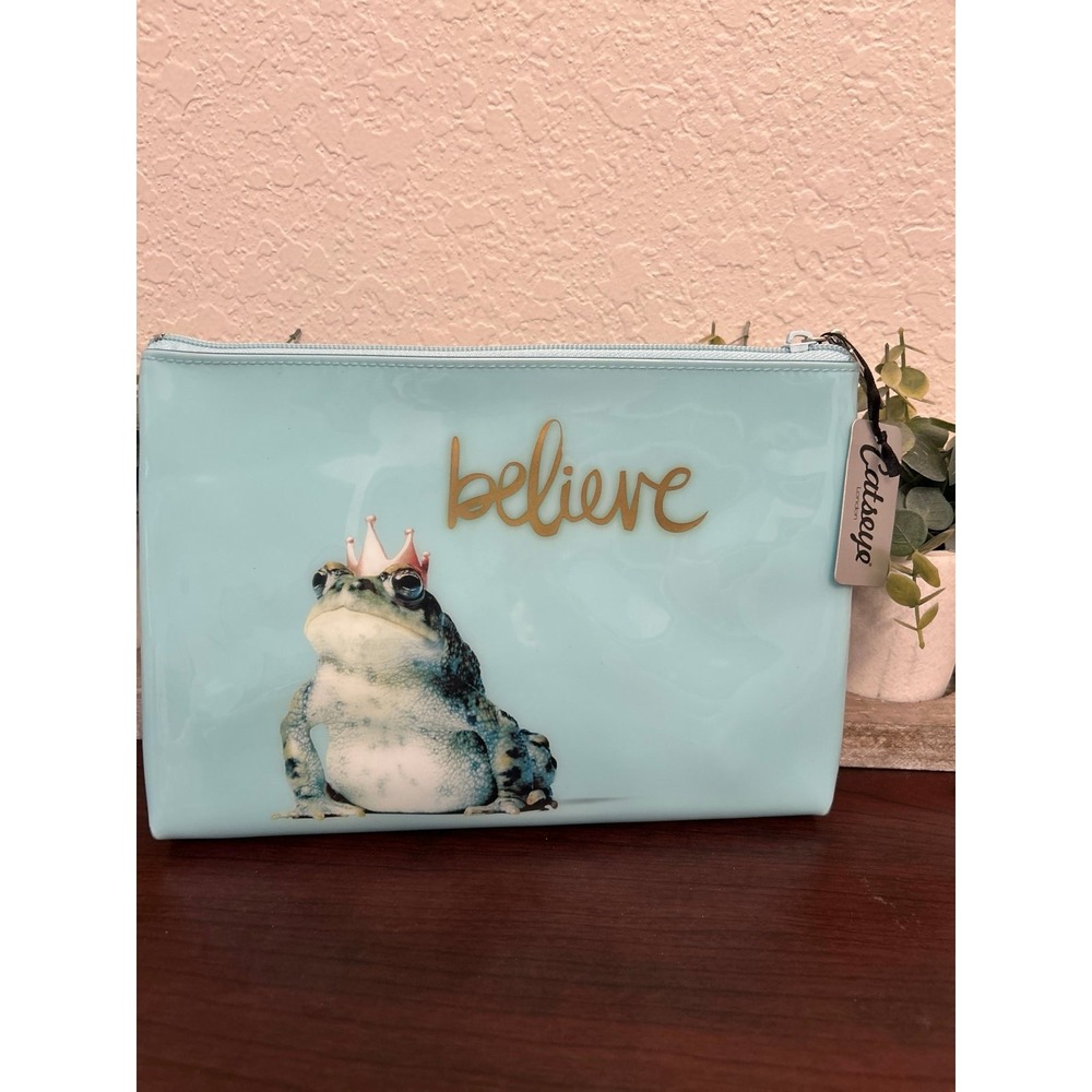 Catseye London 'Believe' small cosmetic makeup pouch in light blue with a frog - Picture 2 of 5